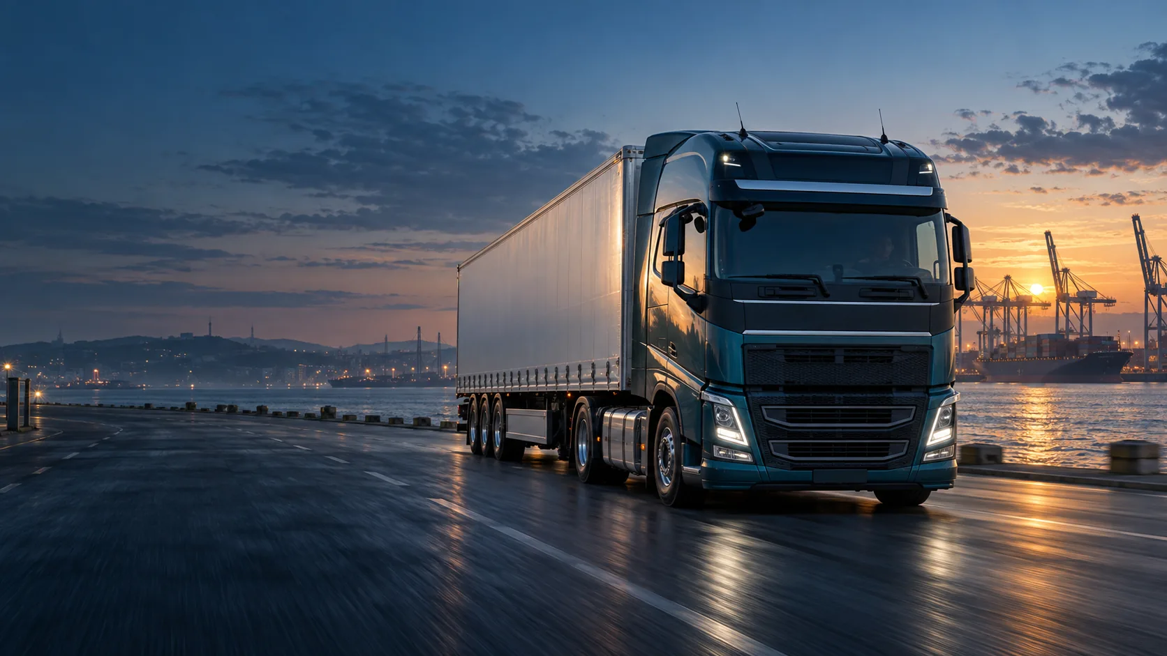 Truck on the road to the port, with sea freight in the background